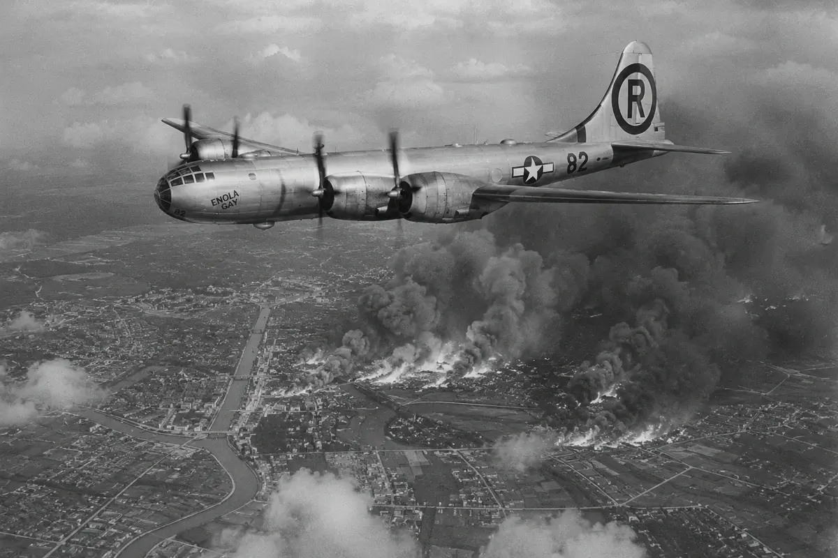 A U.S. Army Air Forces B-29 Superfortress bomber over Japan during the 1945 strategic bombing campaign.