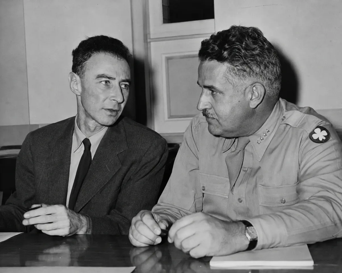 J. Robert Oppenheimer and General Leslie Groves at Los Alamos Laboratory during the Manhattan Project, circa 1943-1945.