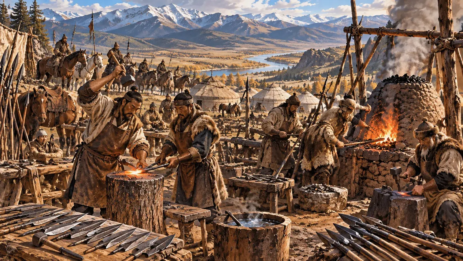 Ashina clan metalworkers forging iron in the Altai foothills