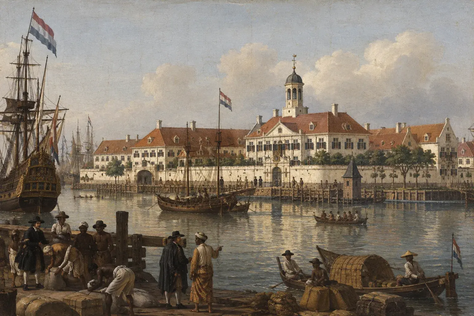 A seventeenth-century painting of Dutch Batavia showing a walled town, canals and ships along the Java coast