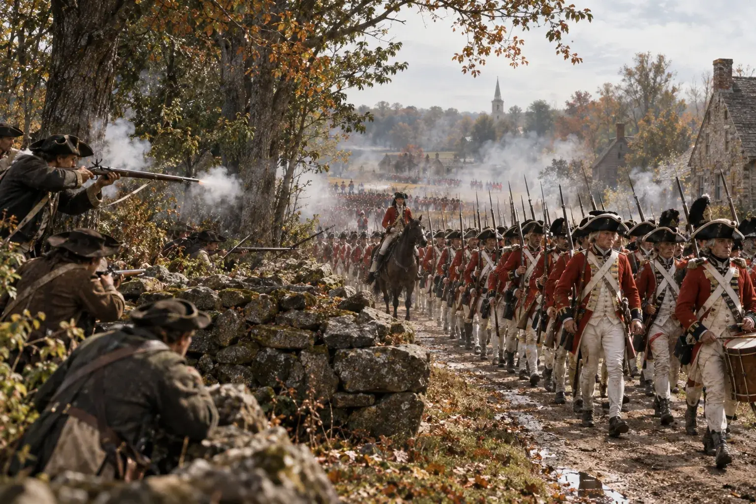 British regulars in red coats marching in column along a country road while colonial militia fire at them from behind a stone wall and trees
