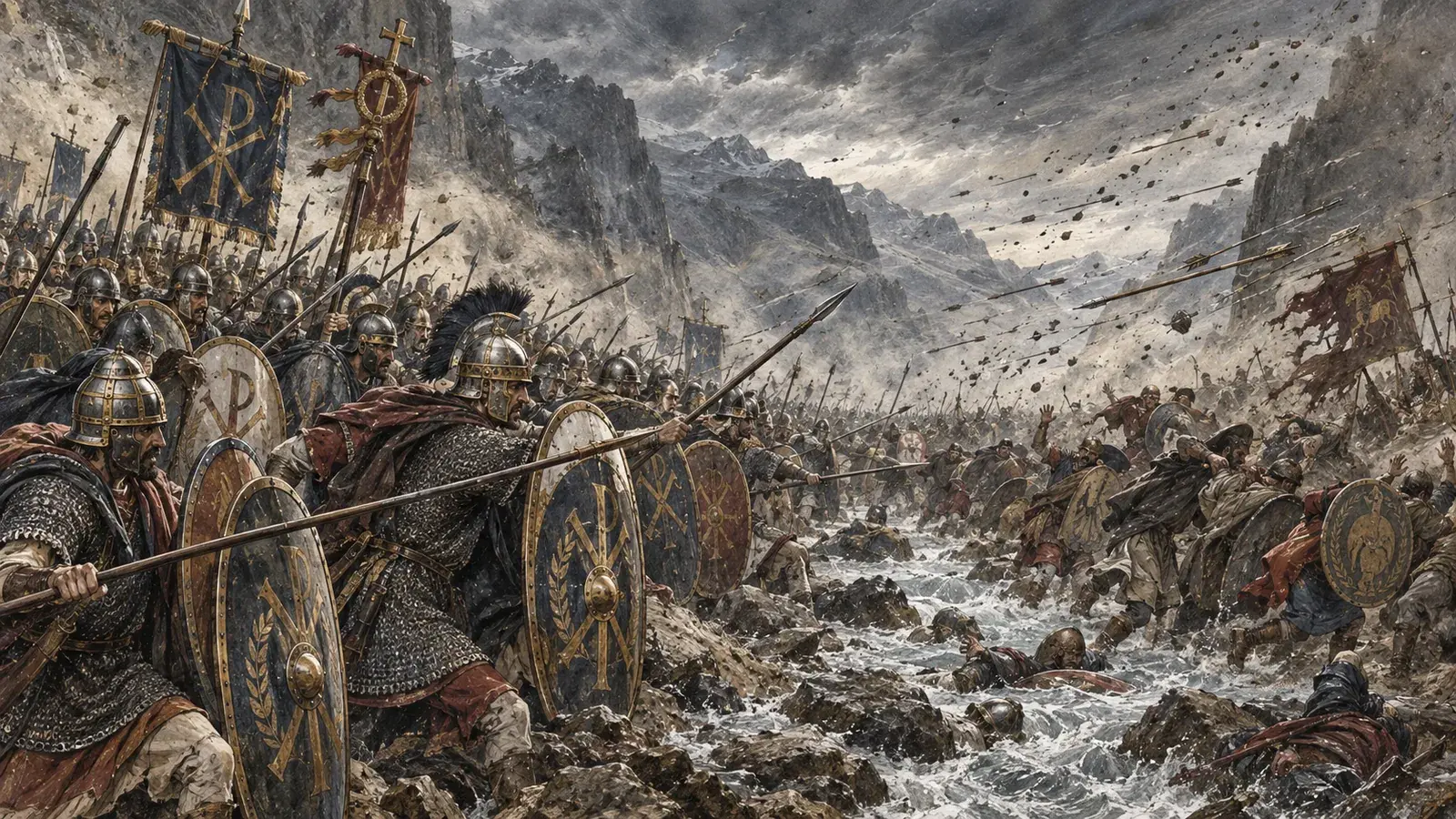 Roman armies clashing in a mountain river valley beneath dark, wind-driven storm clouds