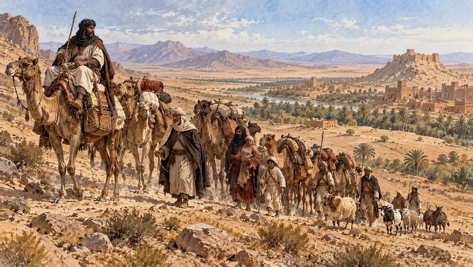 A Bedouin camel caravan crossing the desert of North Africa