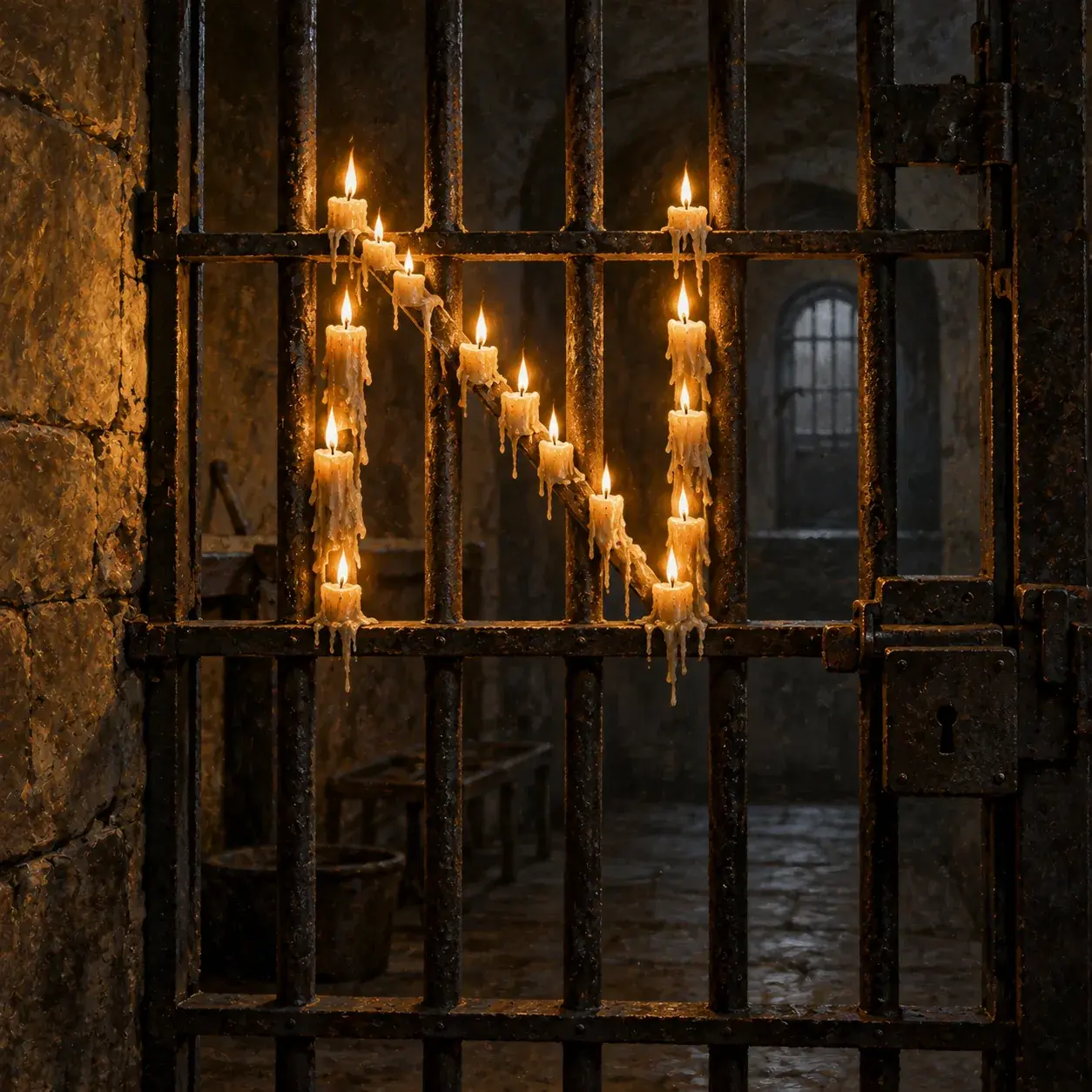 Candle stubs arranged in the shape of the letter N and burning on the bars of a nineteenth-century prison cell gate