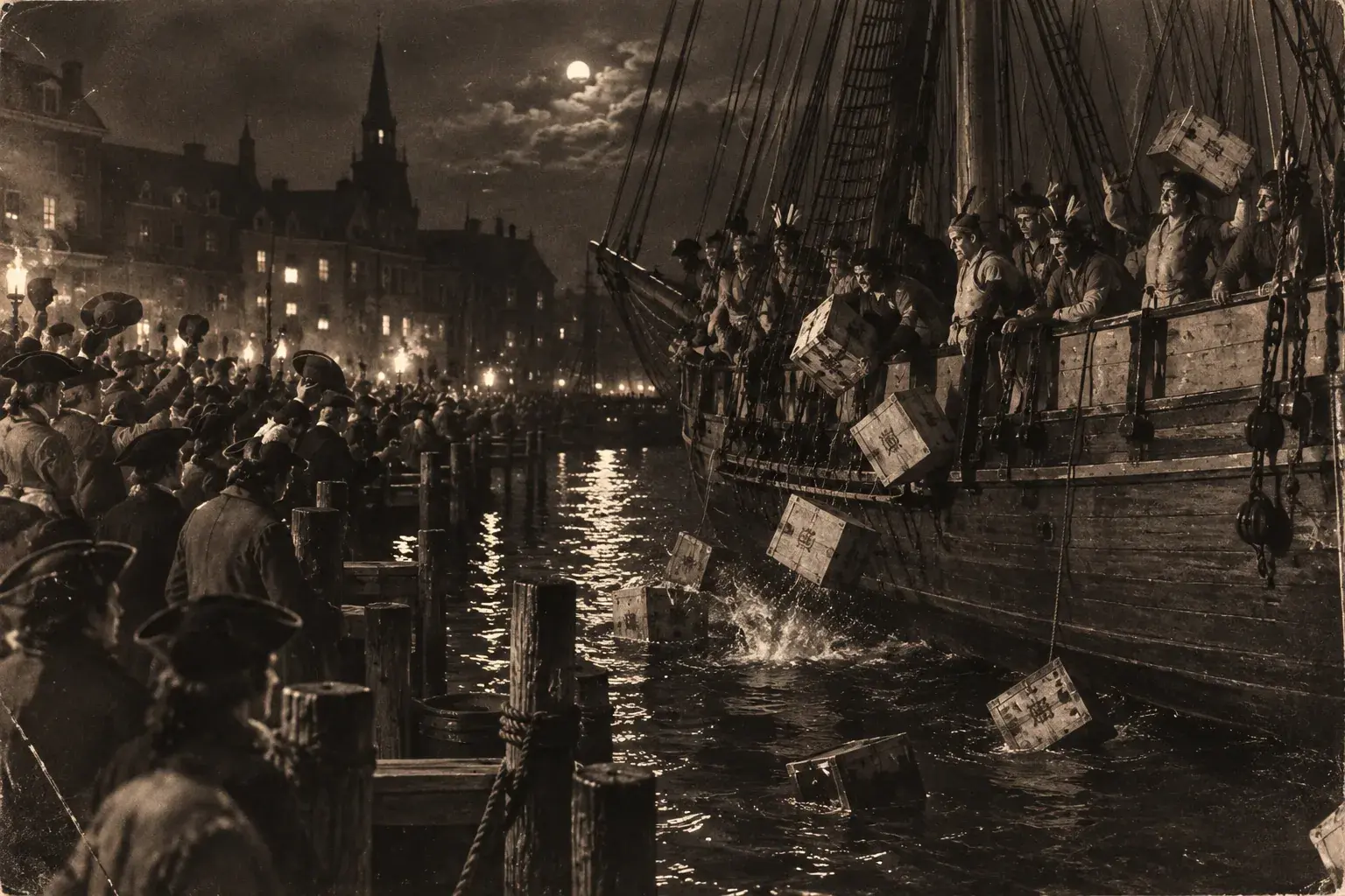 Colonists disguised as Mohawks throwing crates of tea from a moored ship into Boston Harbor at night while a crowd watches from the wharf