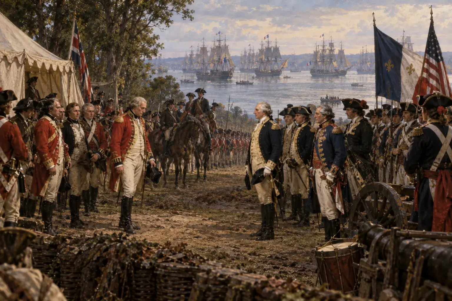 British troops marching between facing lines of French and American soldiers to lay down their arms at Yorktown
