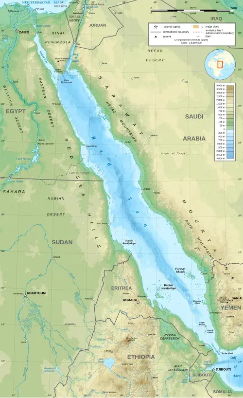 A cargo ship transiting the Red Sea near the Bab-el-Mandeb Strait