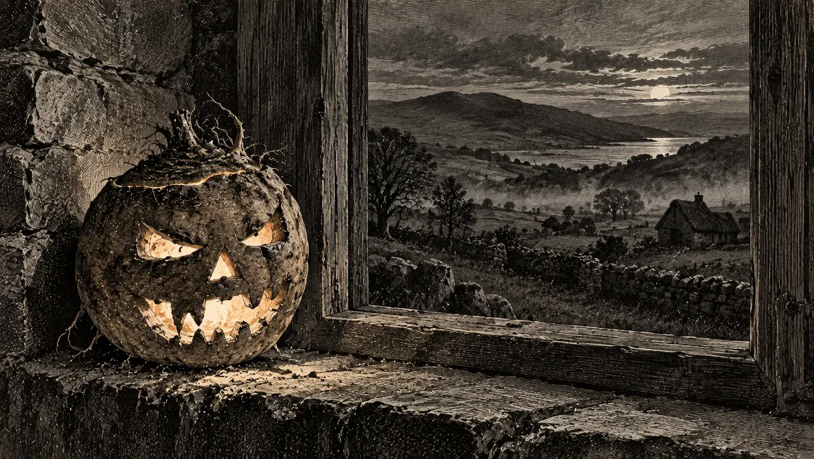 A traditional Irish jack-o'-lantern carved from a hollowed turnip