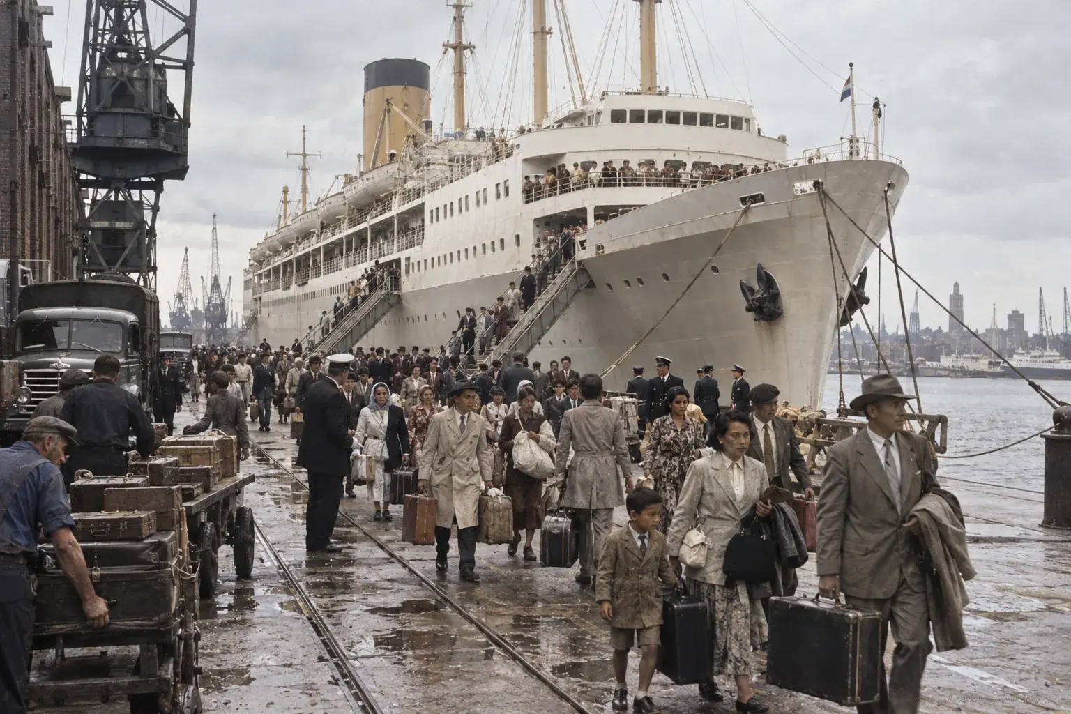 The passenger ship Castel Felice docked at Rotterdam's Lloydkade as repatriates from Indonesia disembark in 1958