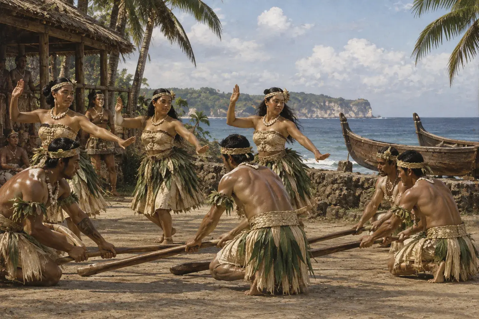 Chamorro dancers in traditional costume performing a canoe-inspired routine with wooden sticks
