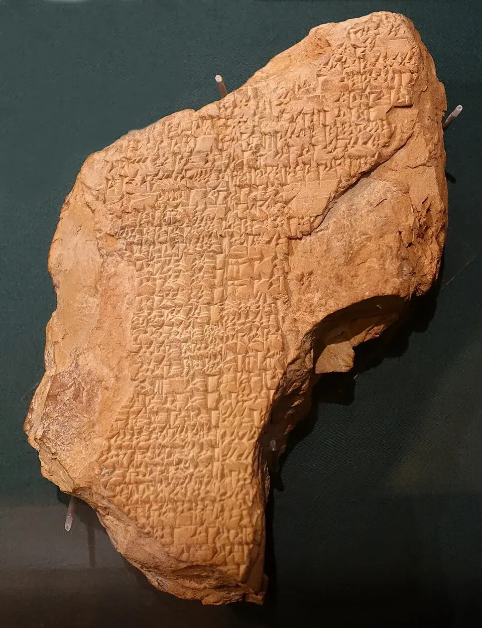 A Sumerian clay tablet covered in wedge-shaped cuneiform script