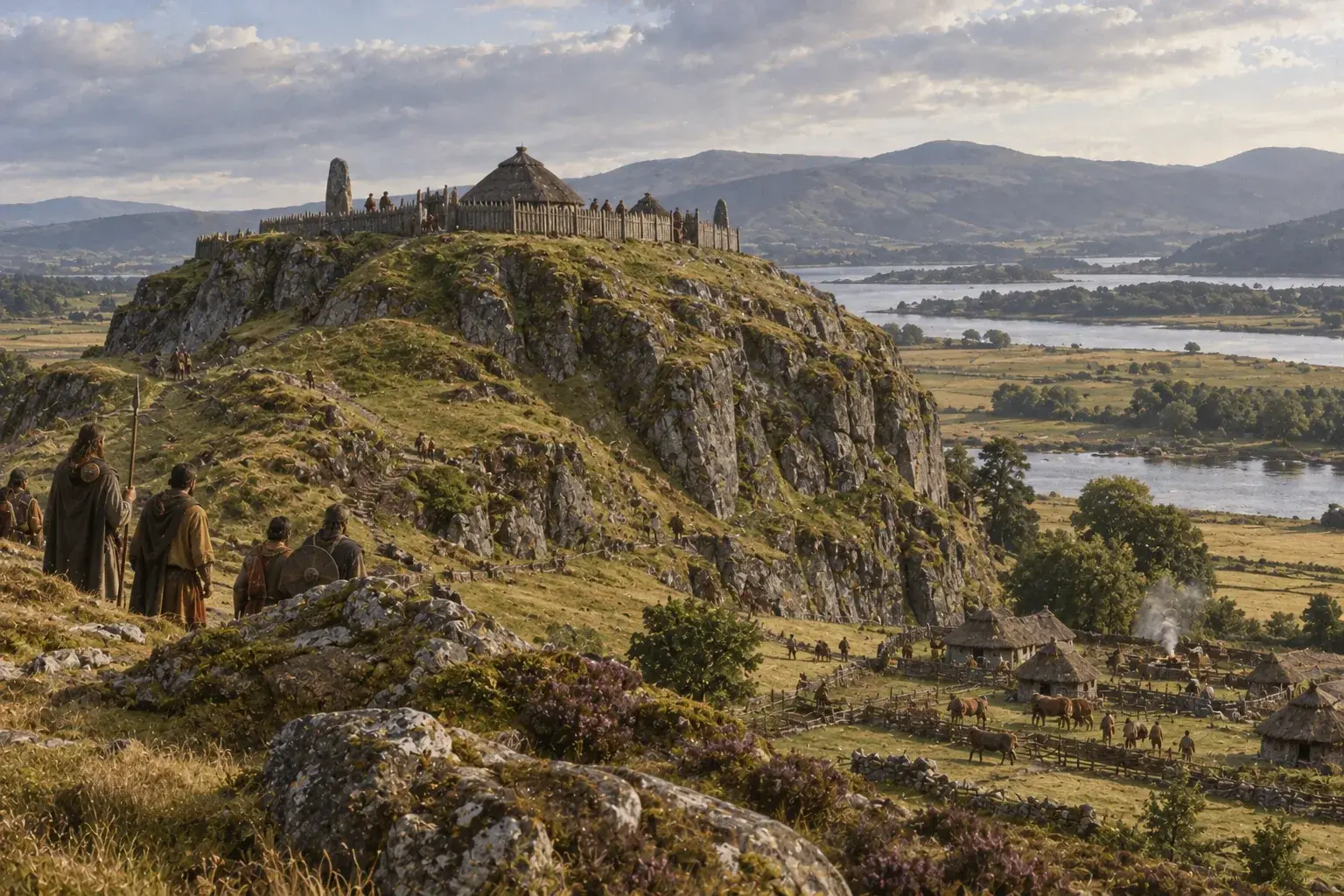 The rocky hillfort of Dunadd rising above the flat farmland of Argyll, Scotland