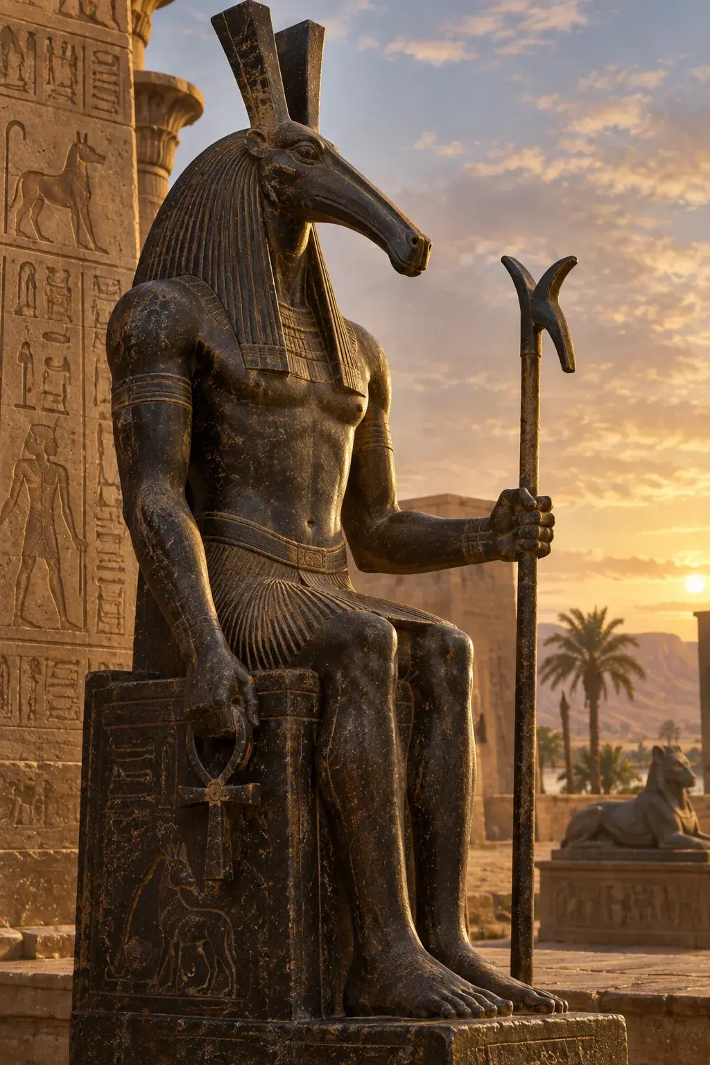 Ancient Egyptian statue of the god Set with the head of a mysterious long-snouted animal