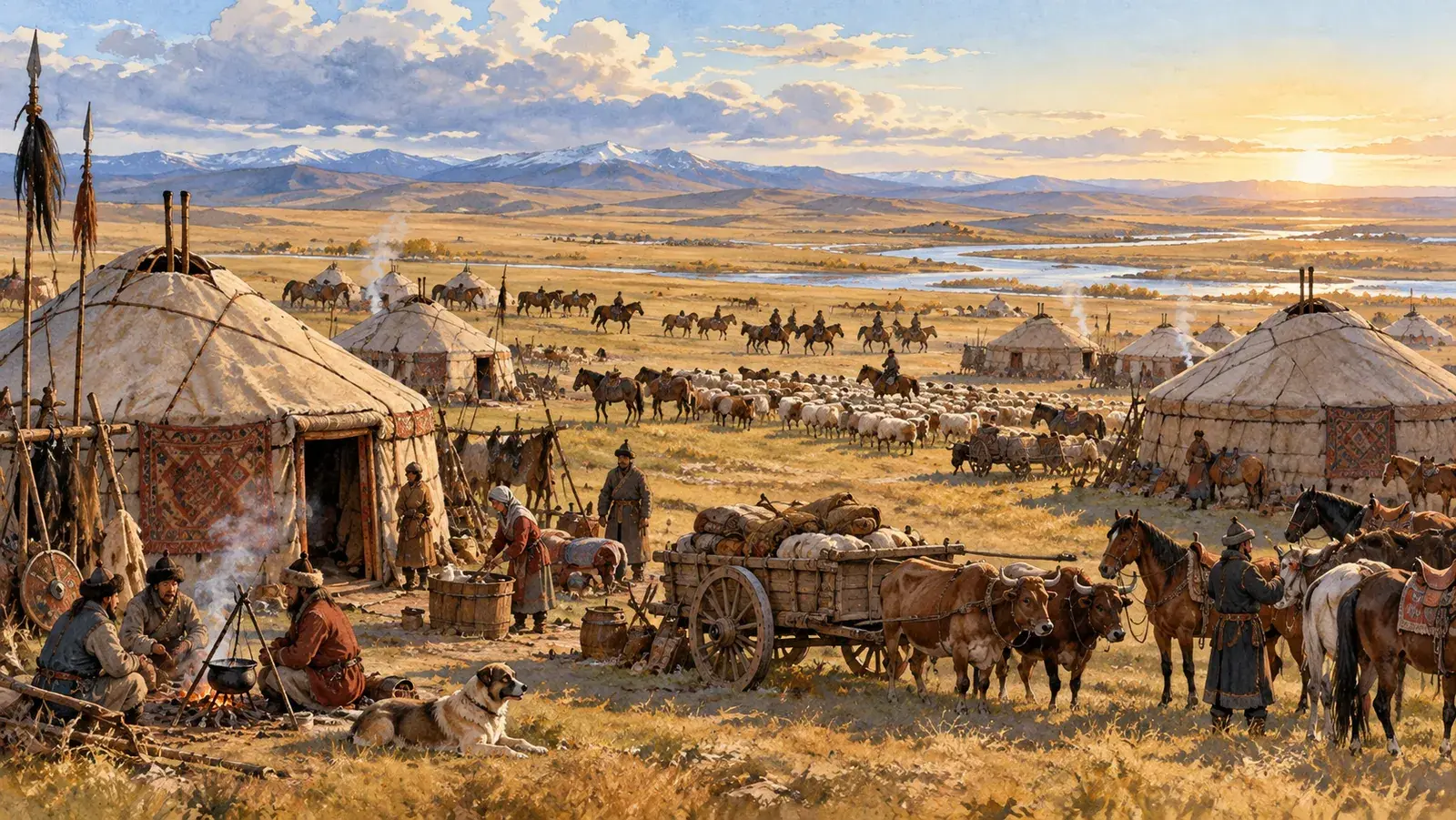 Nomadic yurts and horse herds spread across the open Eurasian steppe