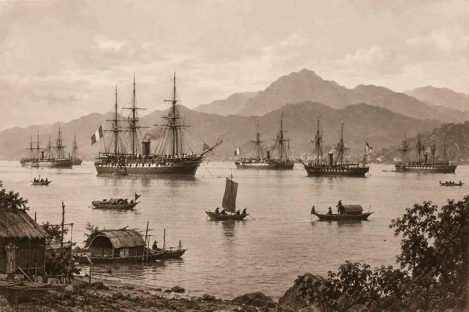 French and Spanish warships anchored off a Vietnamese coastal port in the 19th century