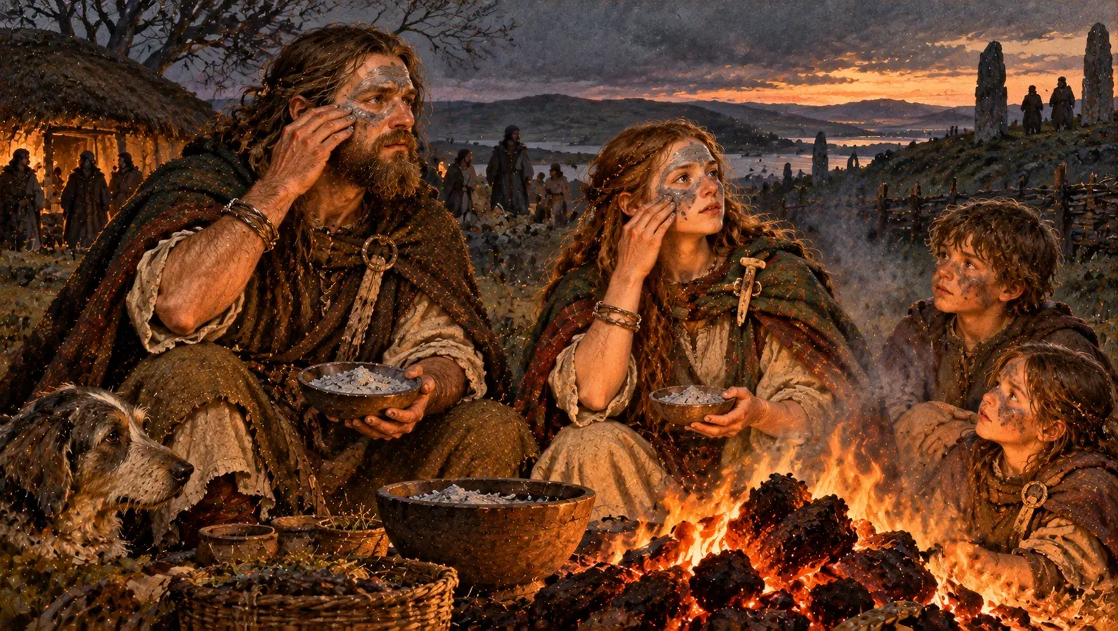 Figures with ash-darkened faces gathered by a fire on Samhain night