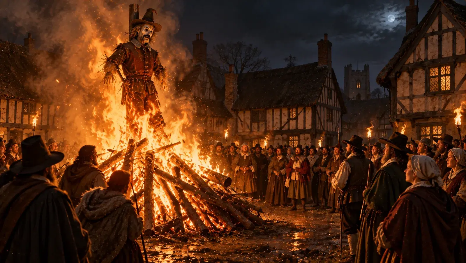 A Guy Fawkes effigy burning on a bonfire in Britain on the 5th of November