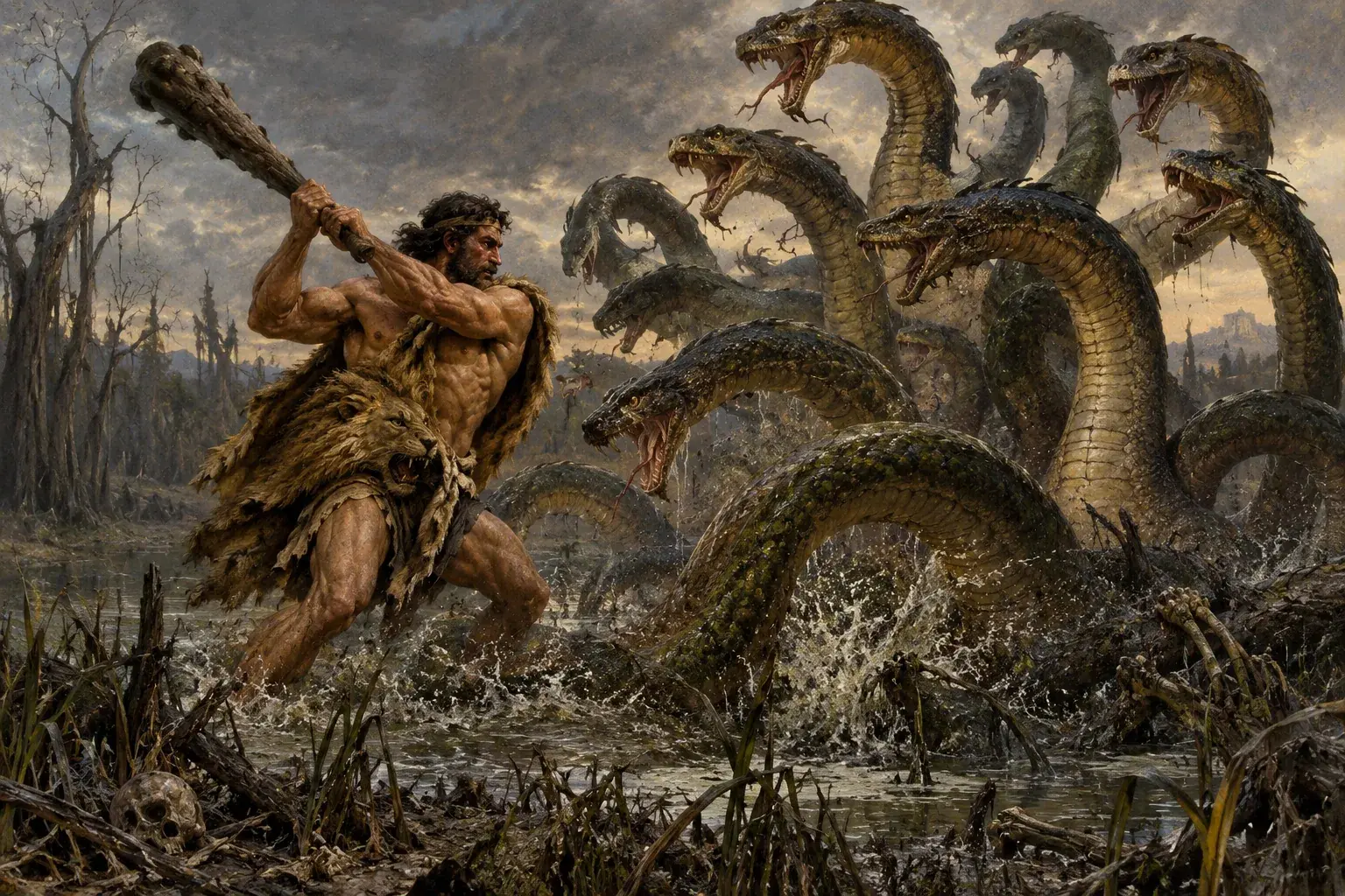 Heracles swinging a club at the many-headed Lernaean Hydra in a swamp