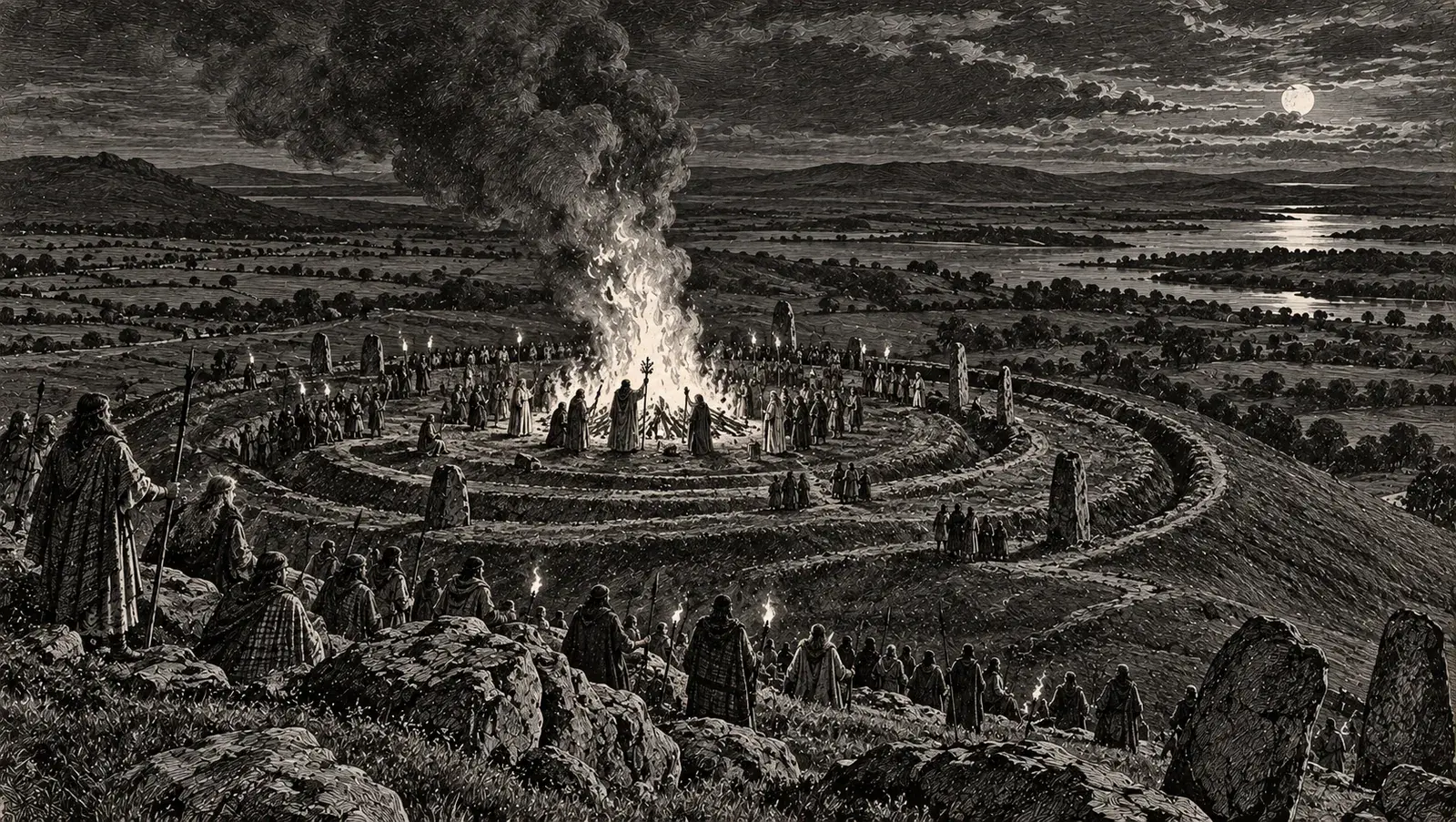 The circular earthworks of the Hill of Tlachtga (Hill of Ward) in County Meath, Ireland