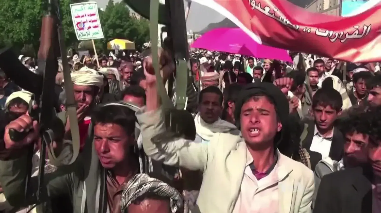 Armed Houthi fighters gathered in the mountainous Saada region of northern Yemen
