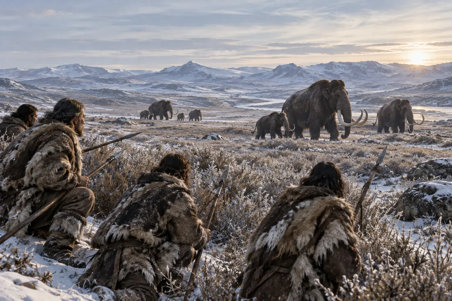 Early human hunters with spears approaching a herd of woolly mammoths on a cold plain