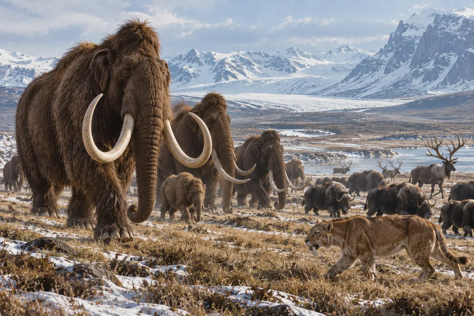 A herd of woolly mammoths and other Ice Age megafauna roaming a cold grassland landscape