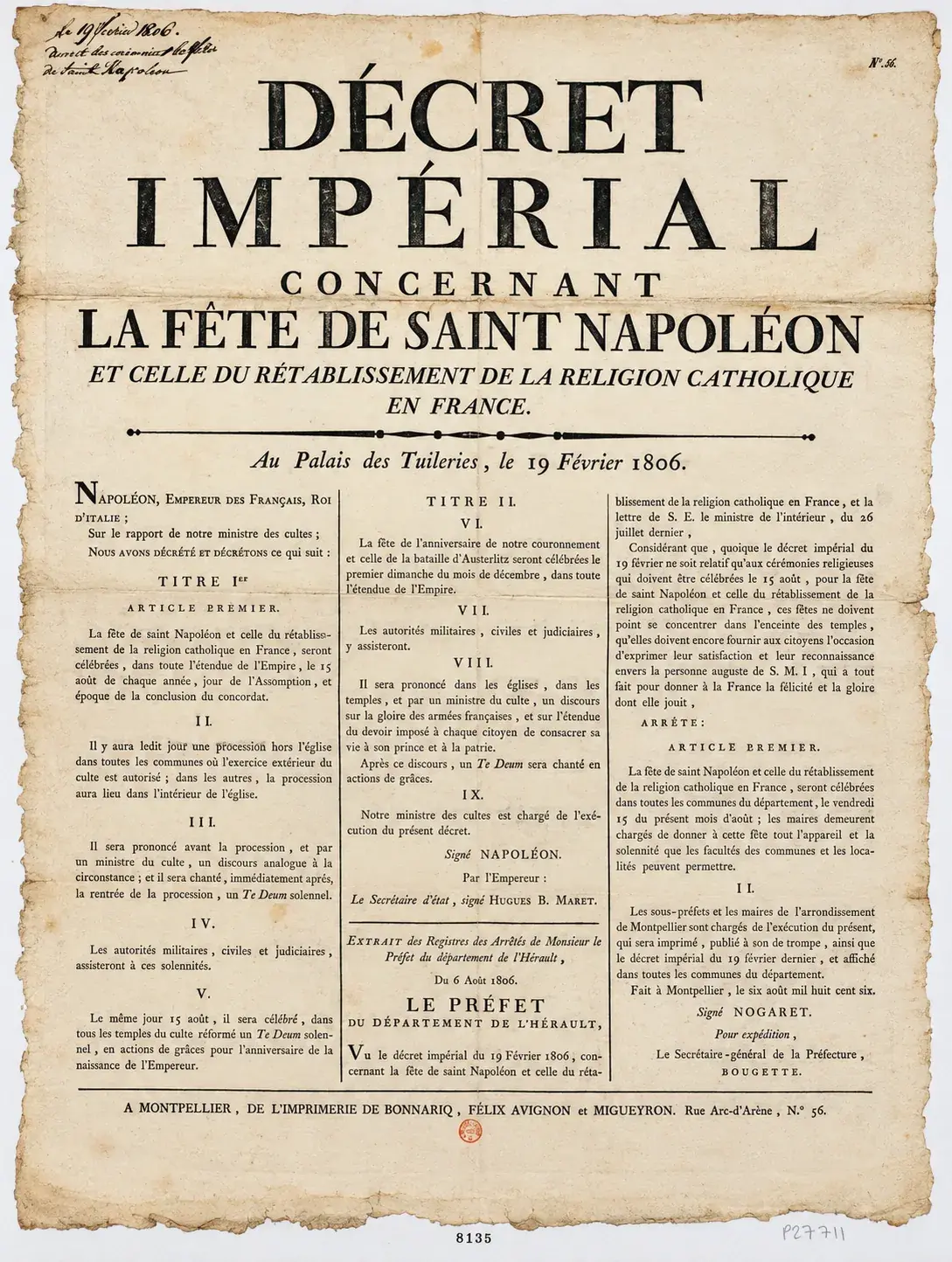 Printed French imperial decree of 1806 announcing that the feast of Saint Napoleon would be celebrated on 15 August