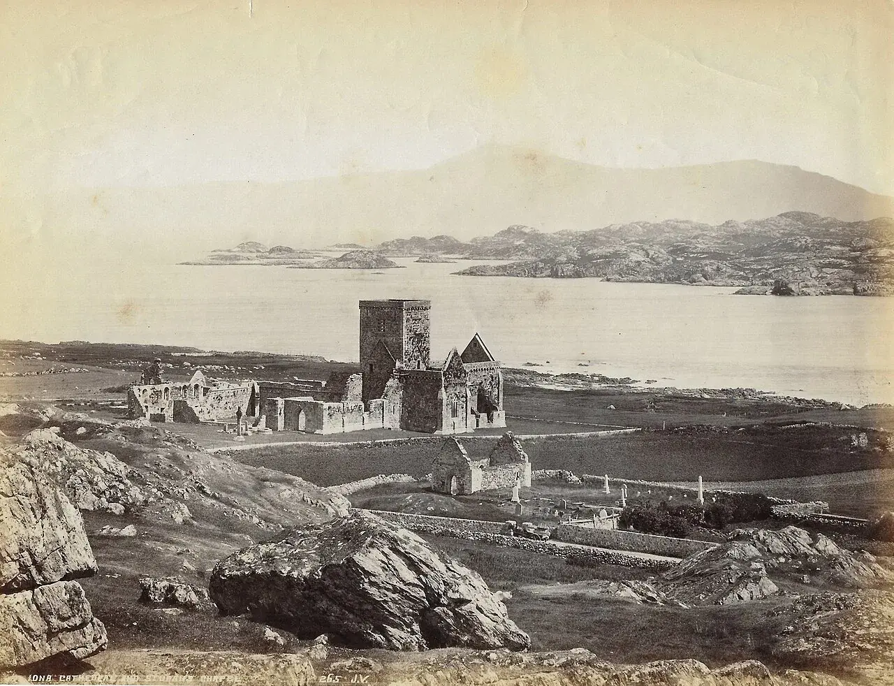 The stone ruins and grounds of Iona Abbey on the small Scottish island of Iona