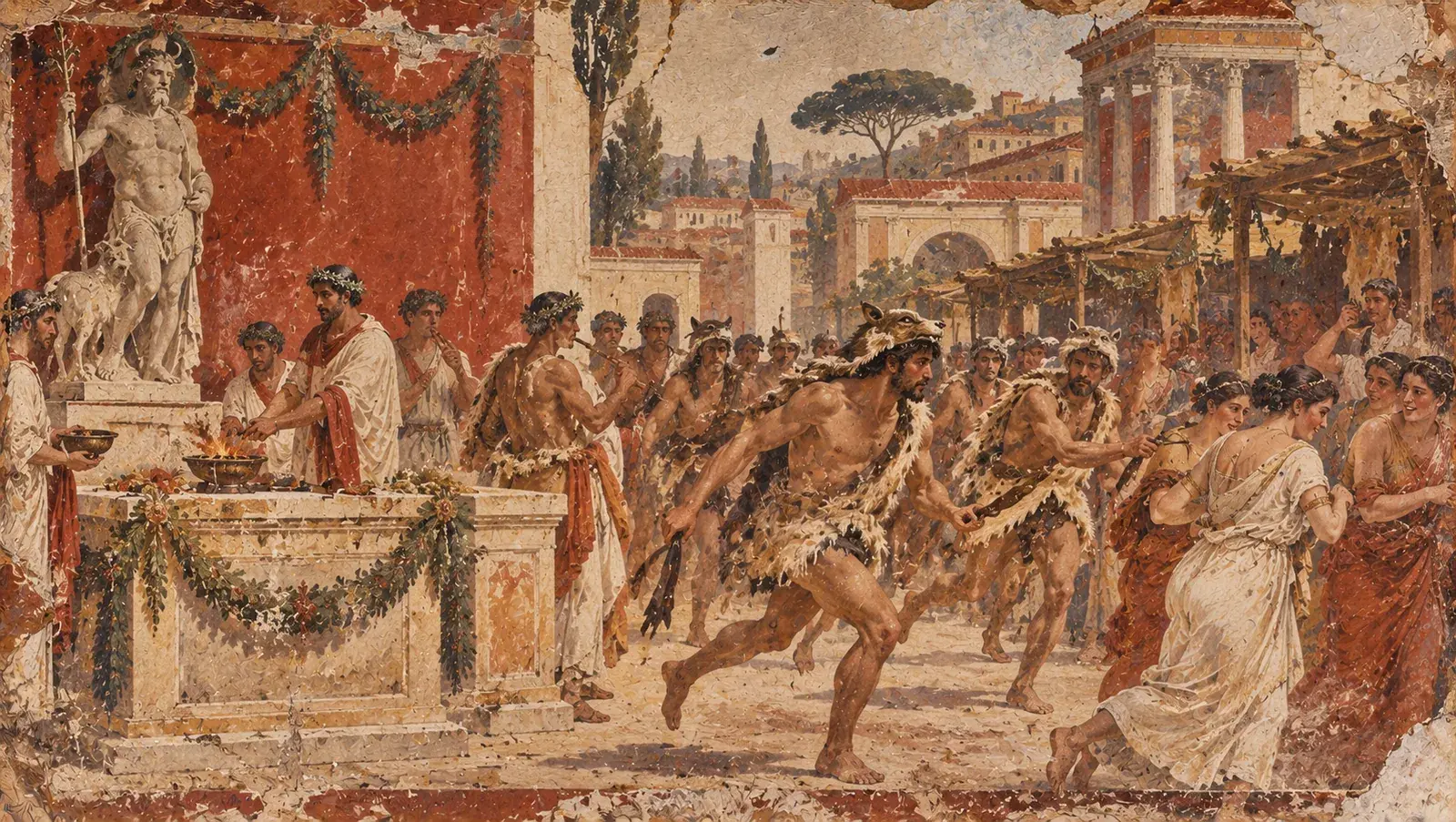 An ancient relief depicting the Lupercalia festival and its priests