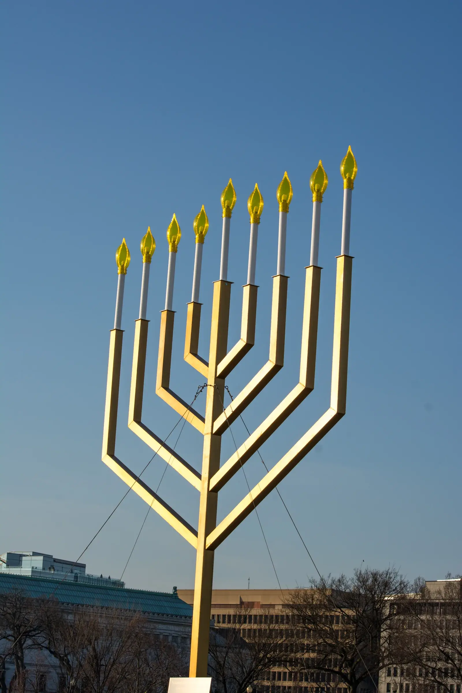 The large public National Menorah lit at dusk near the White House in Washington, D.C.