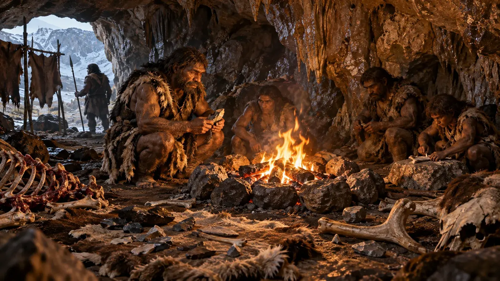 A recreated Neanderthal hearth glowing inside a cave, surrounded by stone tools and animal bones