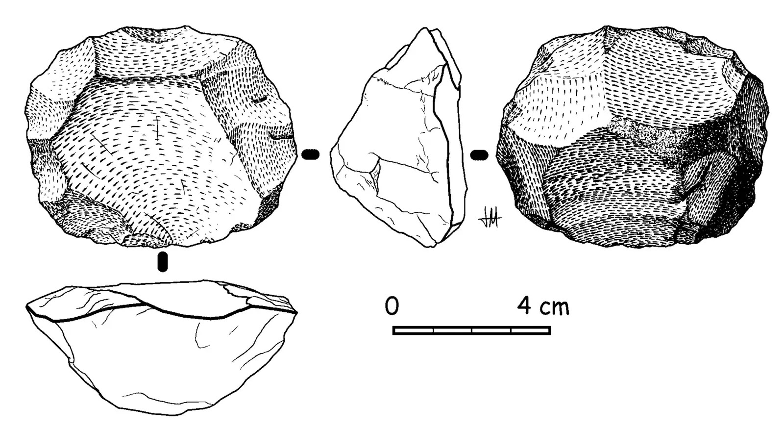 A prepared stone core and the thin, sharp flake struck from it using the Levallois technique