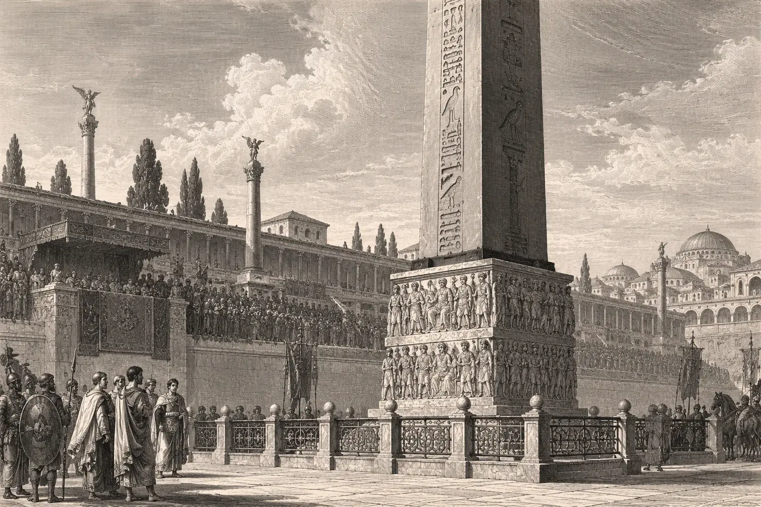 The ancient Egyptian Obelisk of Theodosius standing on its carved marble base in Istanbul's Hippodrome
