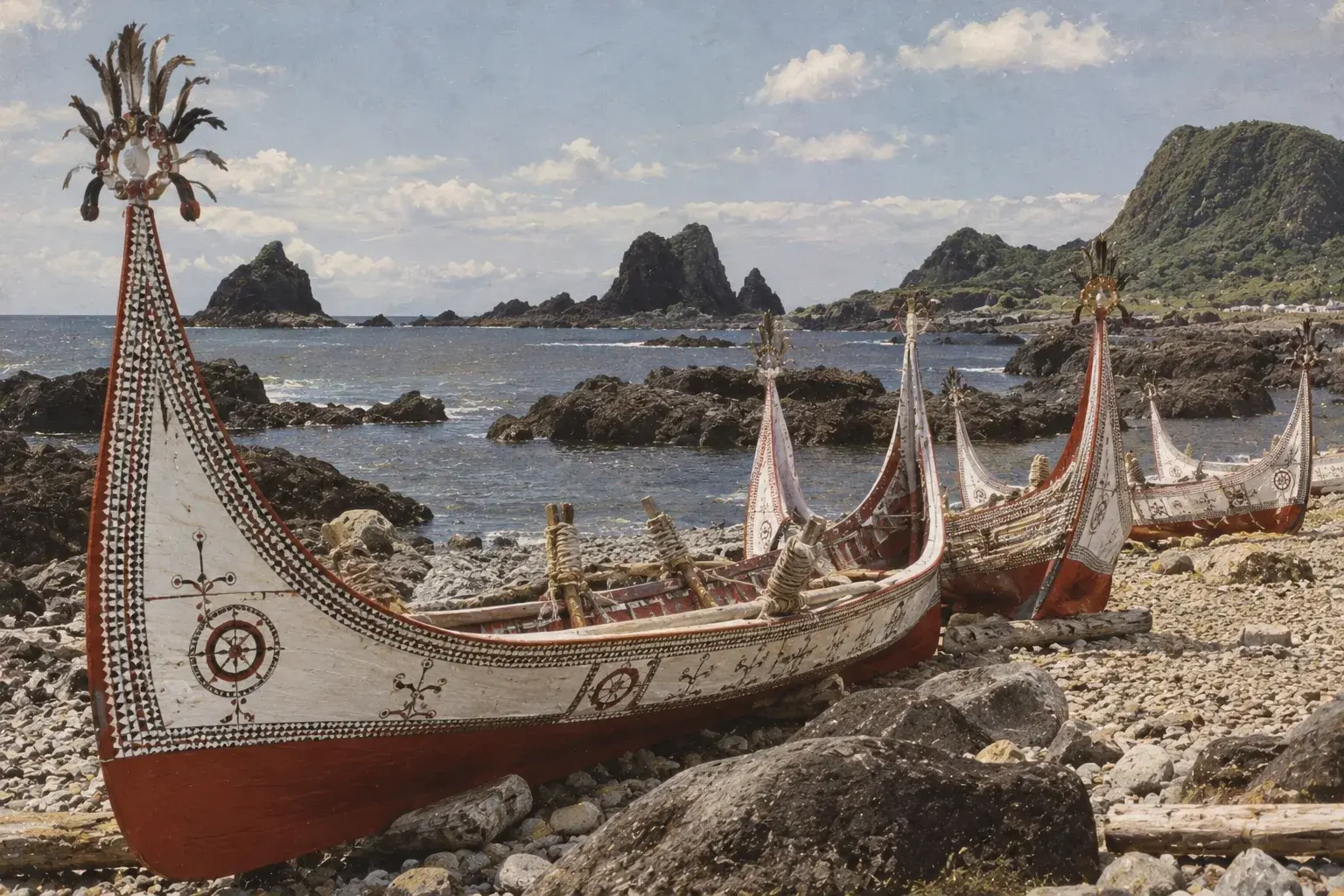 Carved and painted Tao tatala canoes pulled up on a rocky shoreline of Orchid Island
