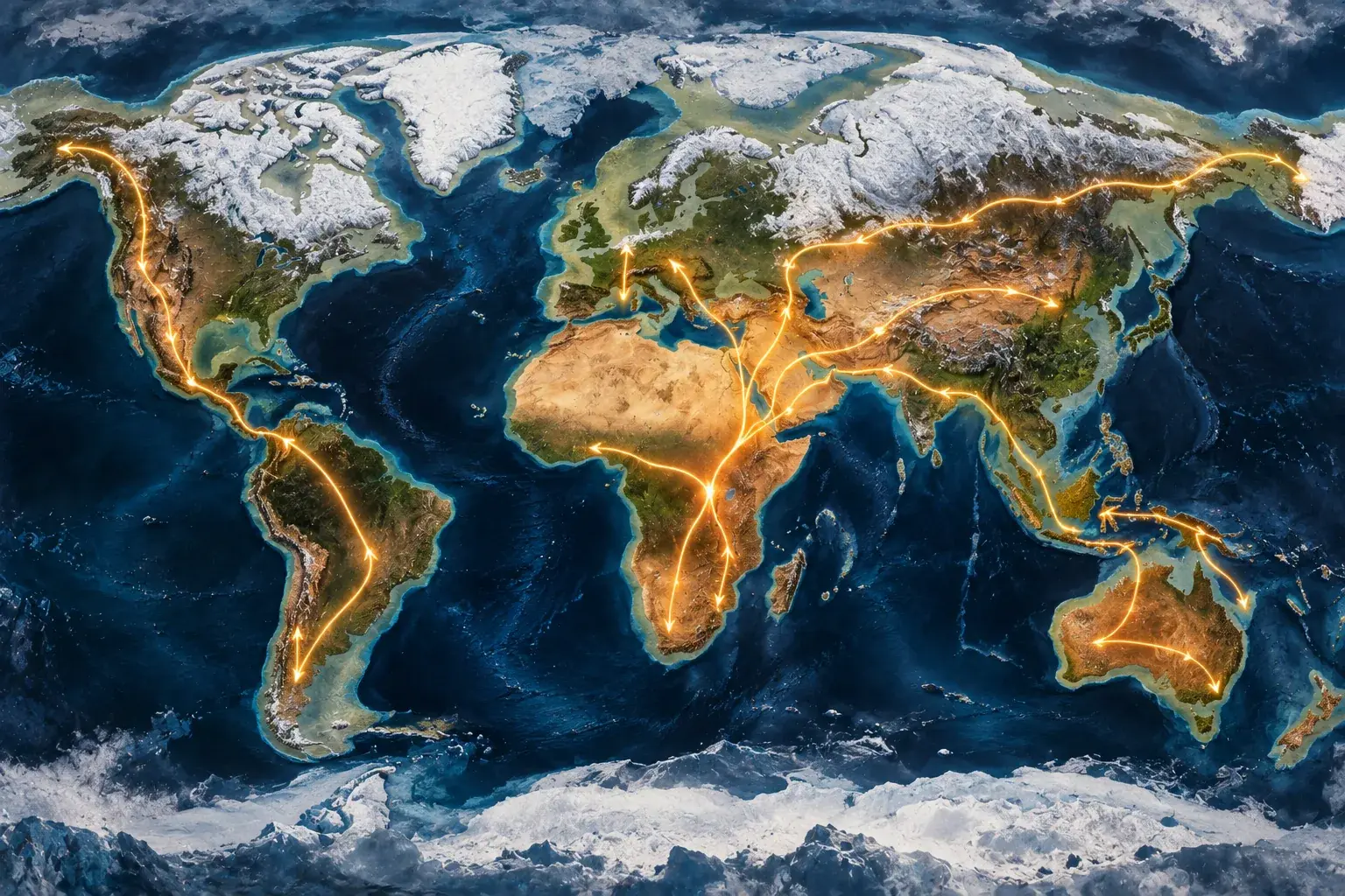 A world map with arrows tracing early human migration routes radiating out of Africa