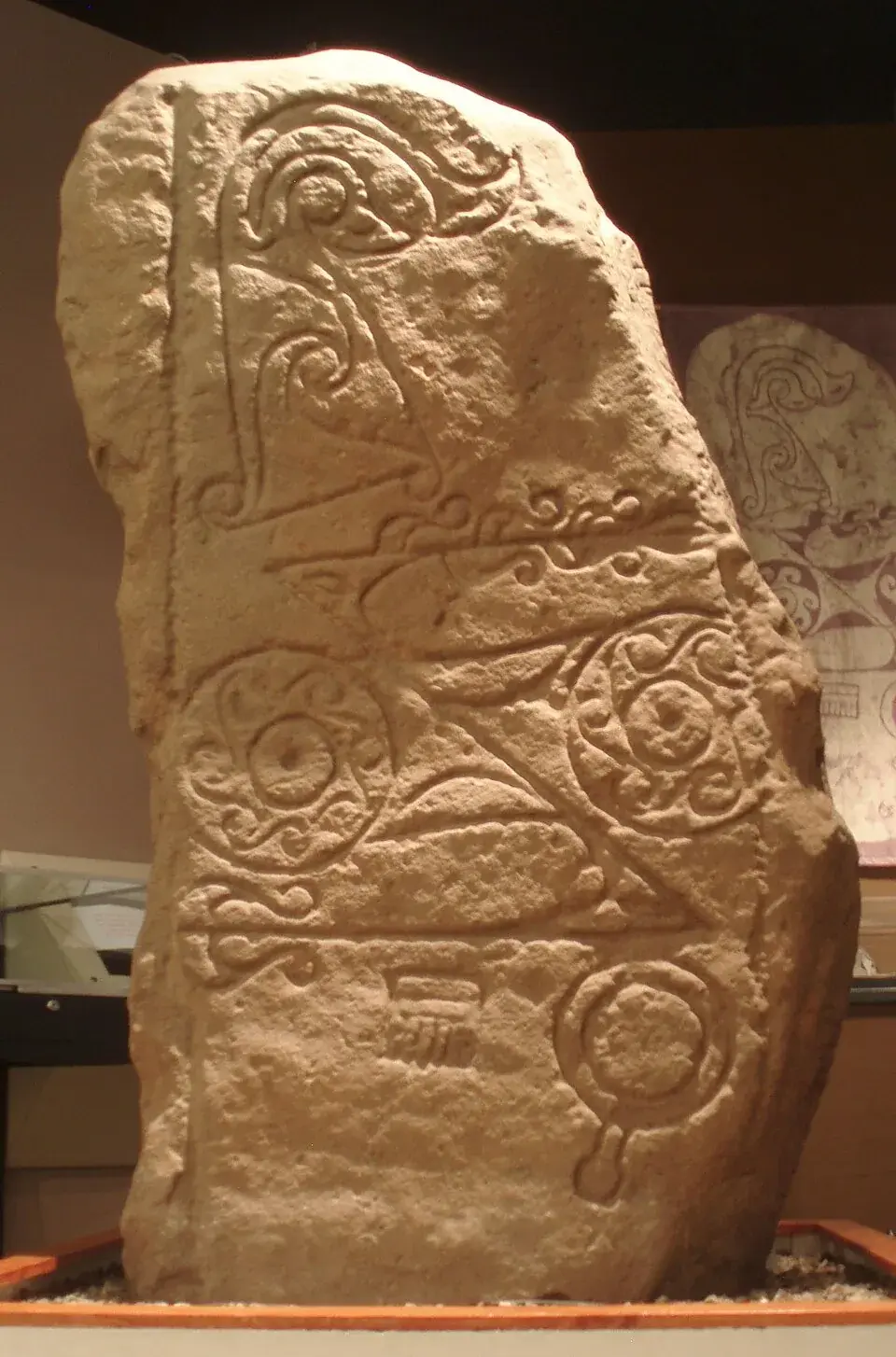 A weathered Pictish symbol stone carved with animal and abstract designs, standing in the Scottish landscape