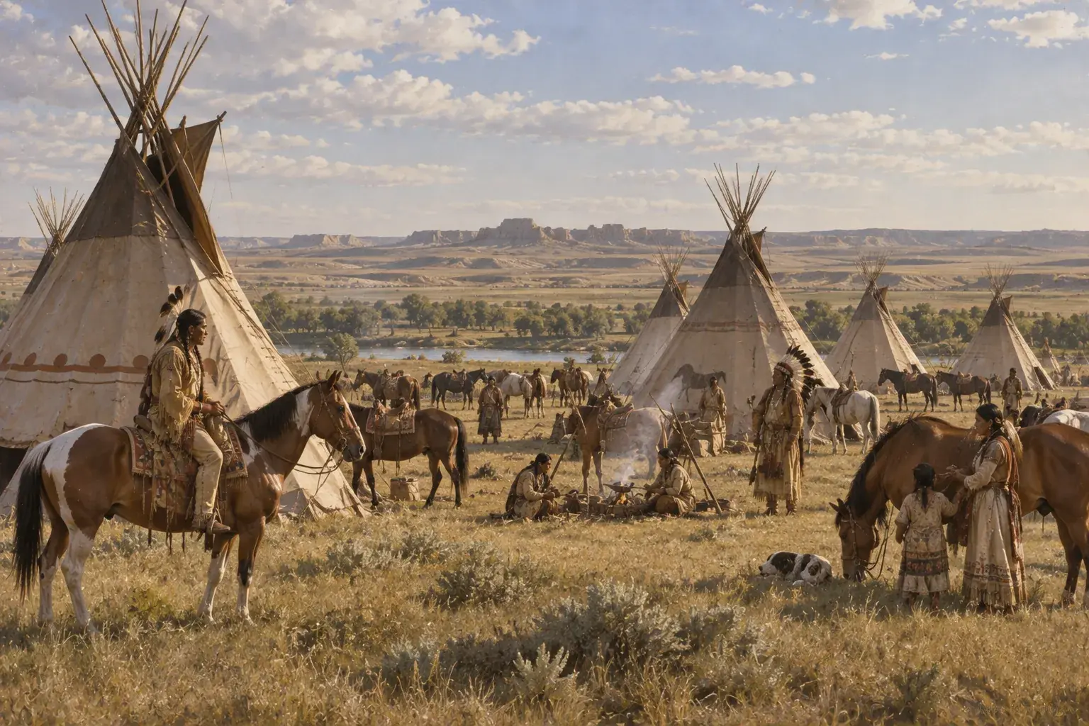 Tipis and horses on the open grassland of the North American Plains