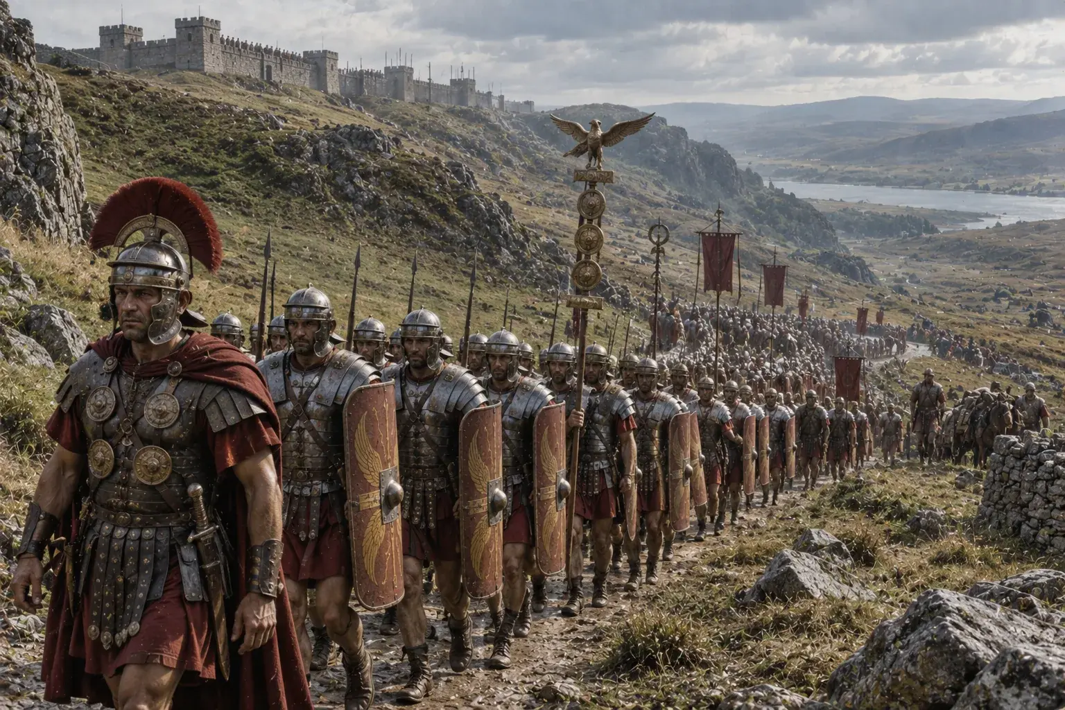 Roman legionaries in formation on the march through the hills of northern Britain