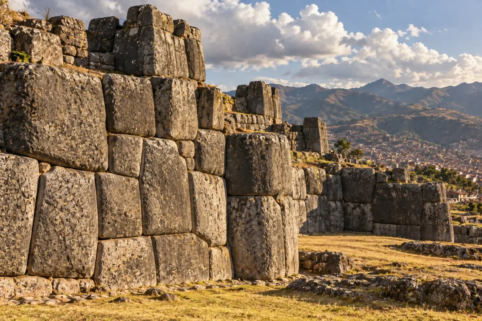 Massive precisely fitted Inca stone blocks forming a wall at Sacsayhuamán near Cusco