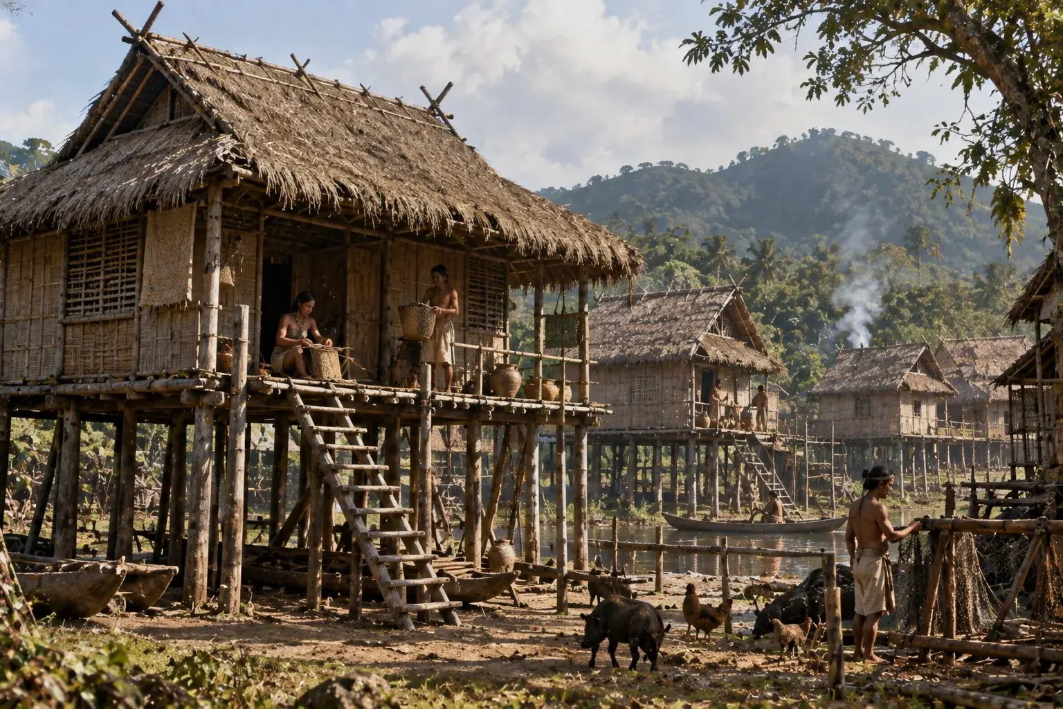 A reconstructed Siraya house of bamboo and thatch raised on wooden stilts in a green clearing