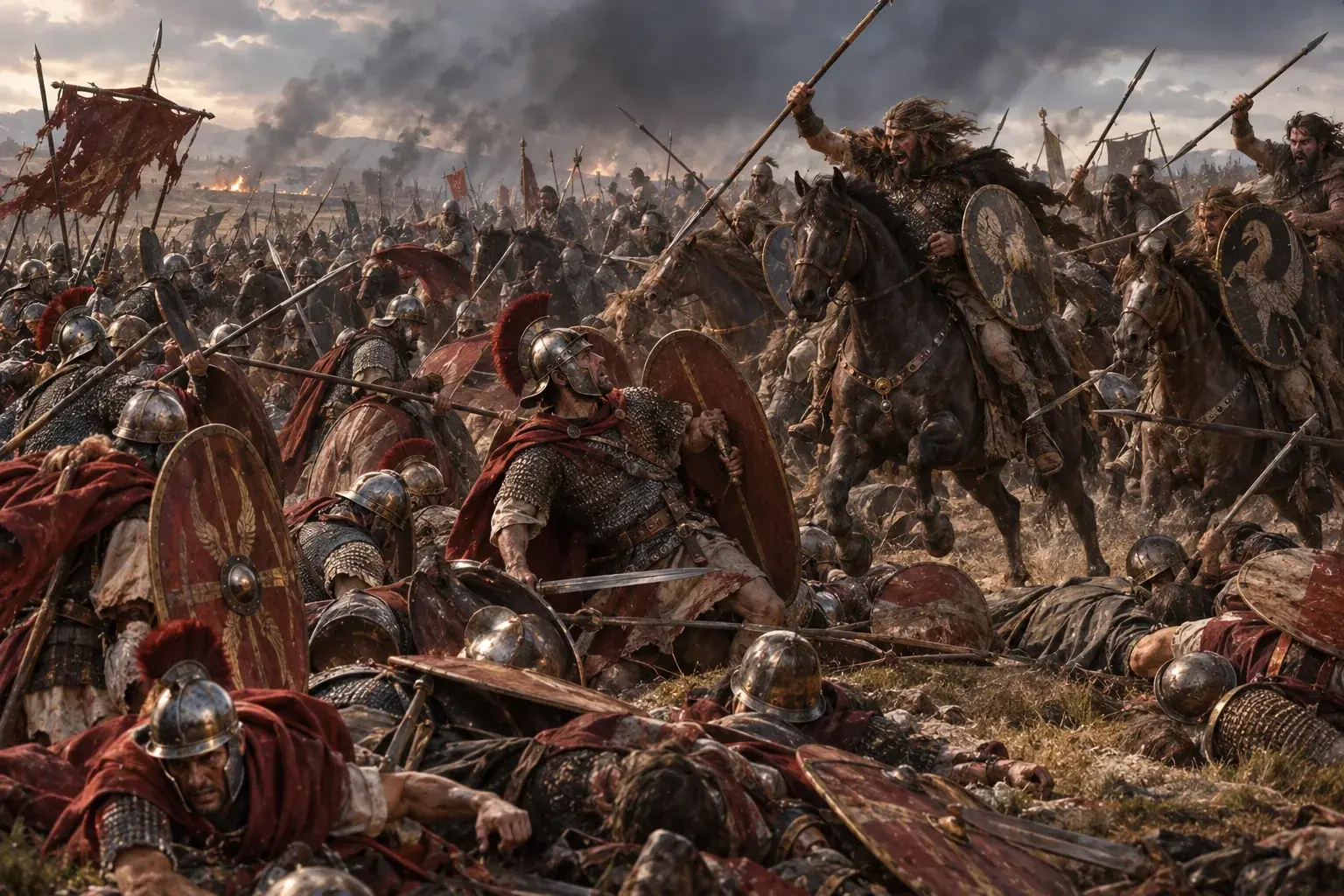 Roman legionaries and Gothic cavalry clashing in the chaotic battle of Adrianople