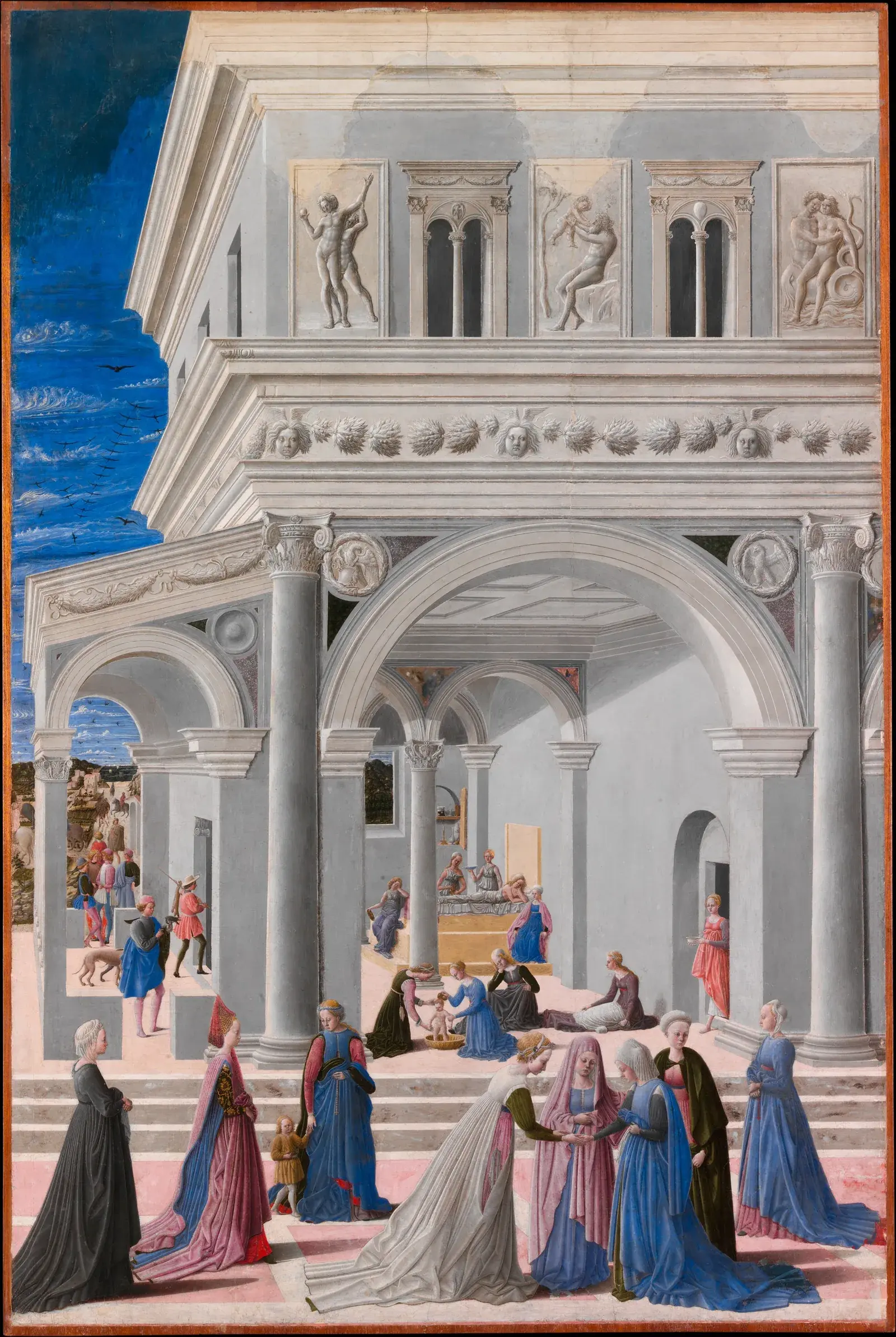 A bishop in ecclesiastical robes barring a Roman emperor from the doors of a cathedral