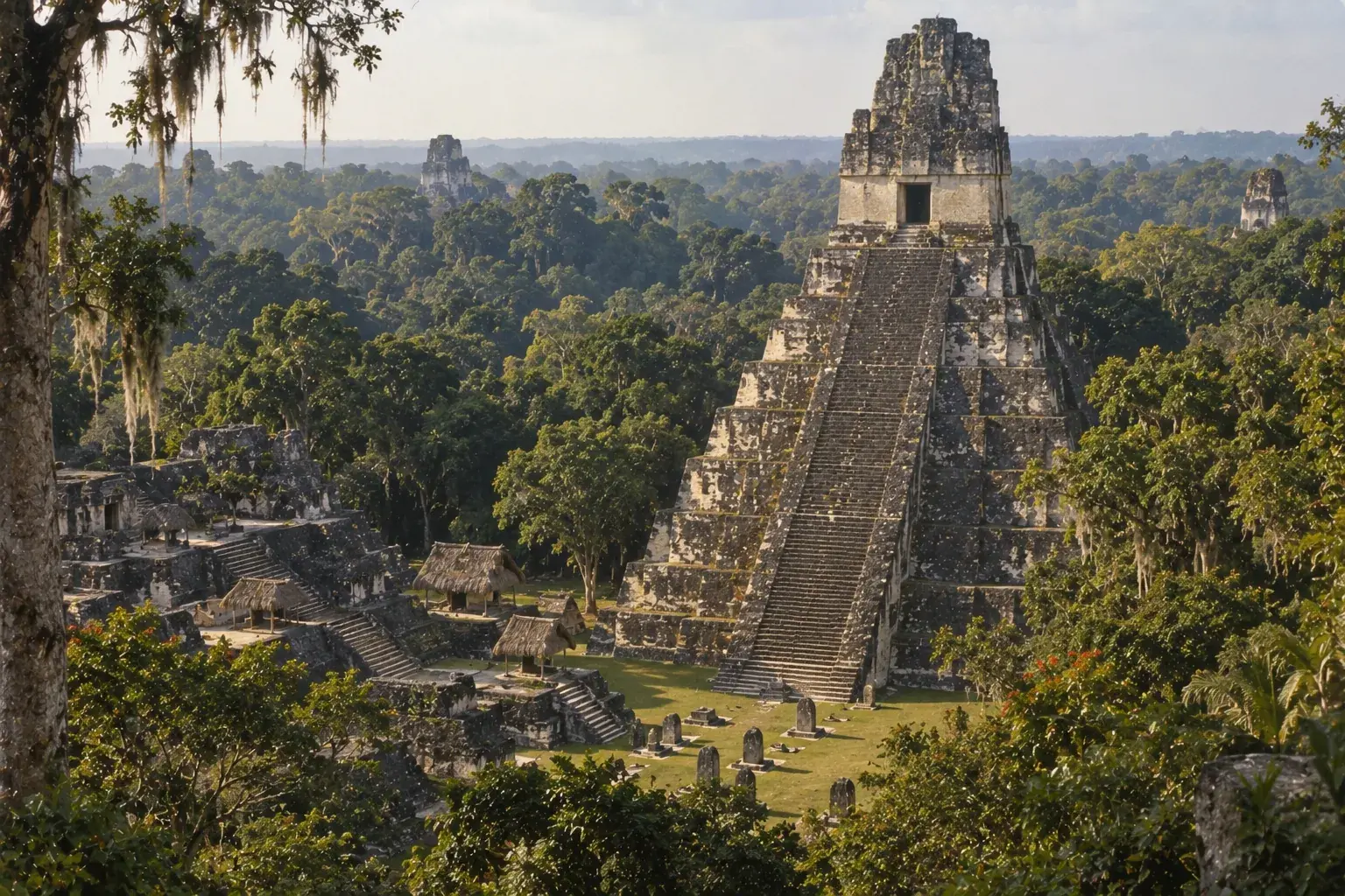 A steep Maya pyramid at Tikal rising above the surrounding rainforest canopy