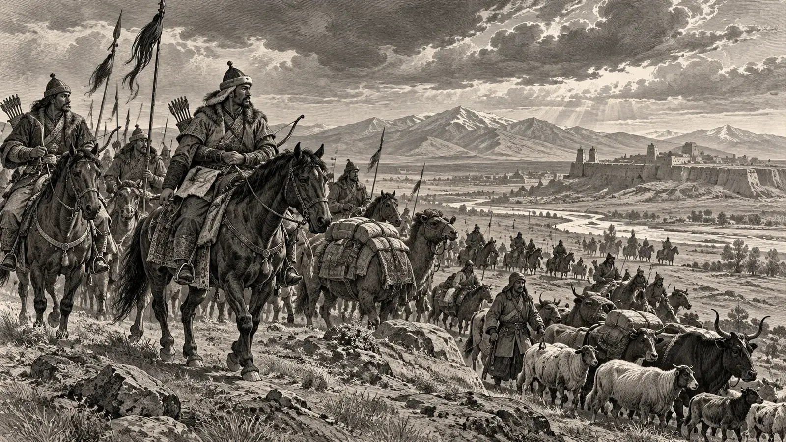 Turkmen horsemen and their herds moving west across the steppe toward Khorasan
