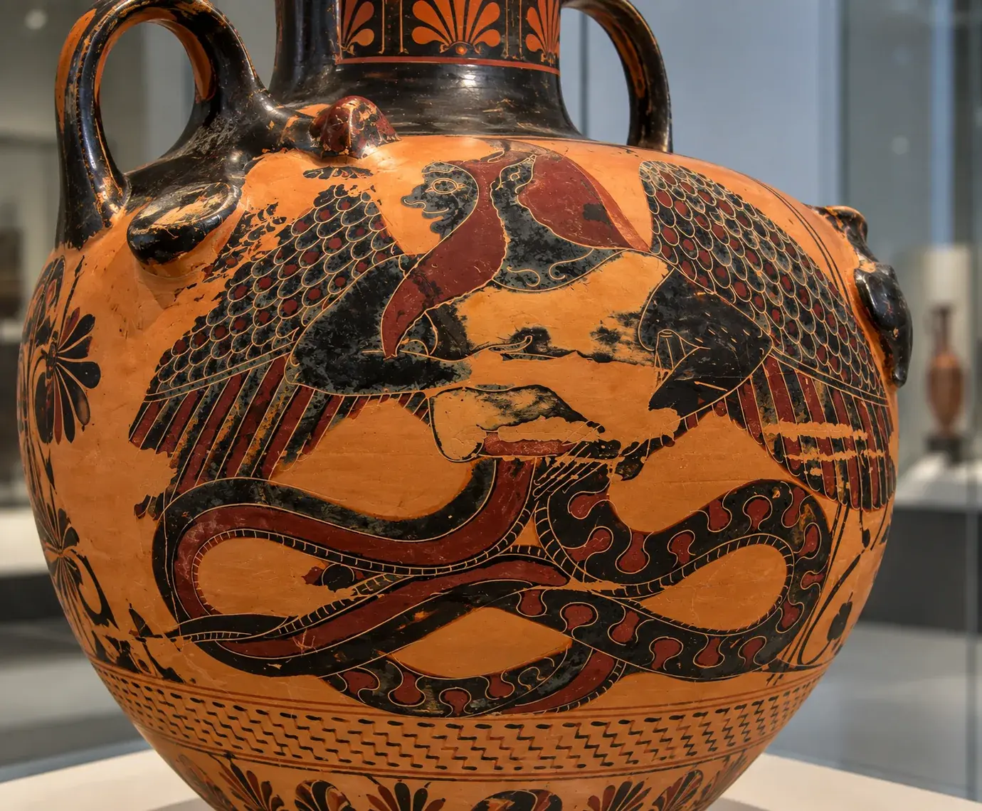 Ancient Greek vase painting of Typhon as a winged giant with a human upper body and coiled snake tails for legs