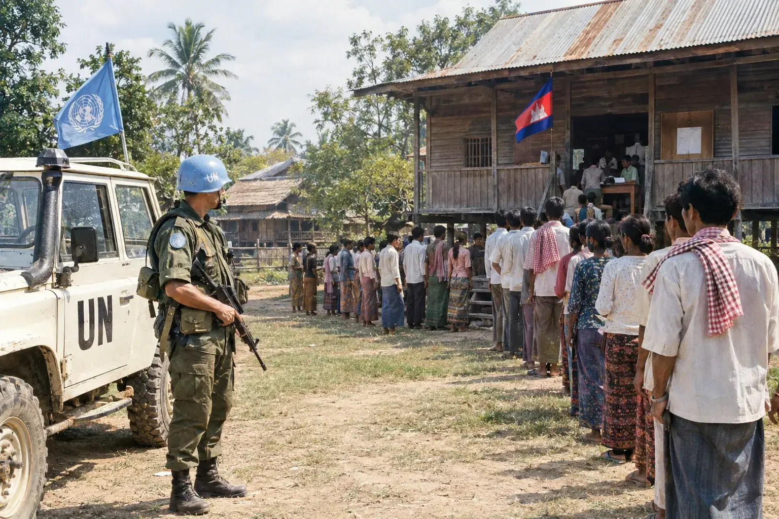 UN peacekeepers and election workers during Cambodia's 1993 UNTAC-supervised elections