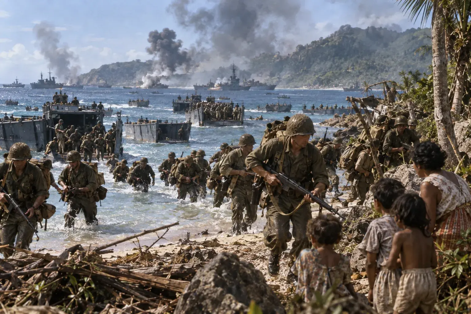 American landing craft and troops coming ashore on a Guam beach during the July 1944 invasion