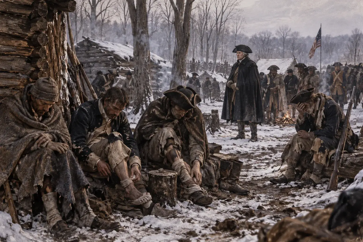 Ragged Continental soldiers standing outside rough log huts in deep snow at the Valley Forge winter camp