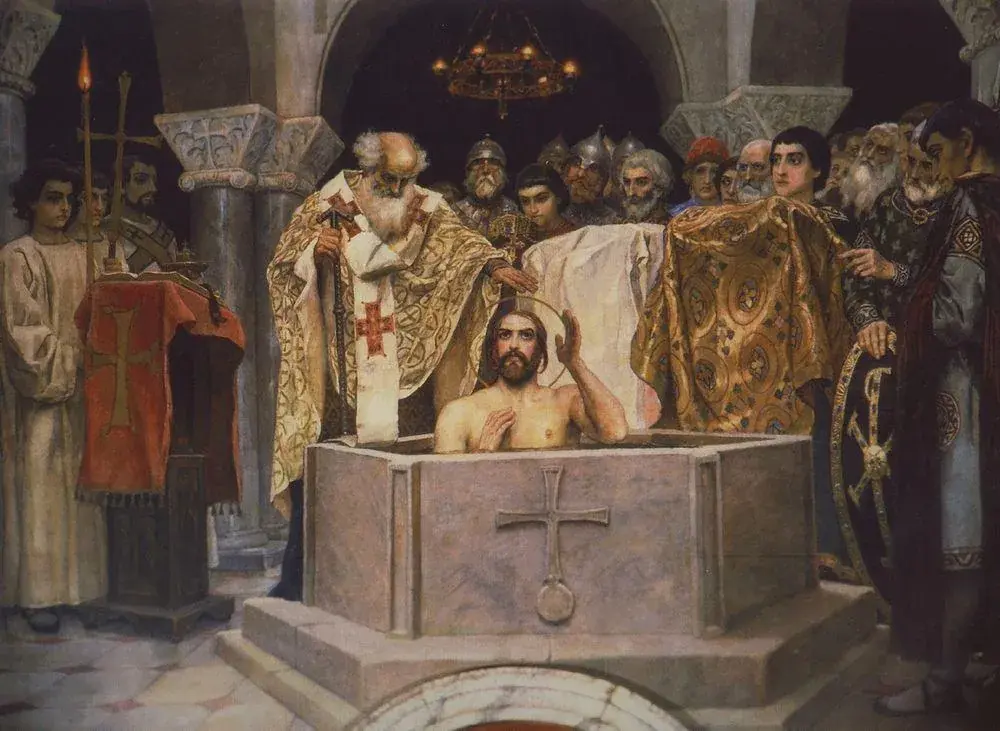 The mass baptism of the people of Kiev in the Dnieper River