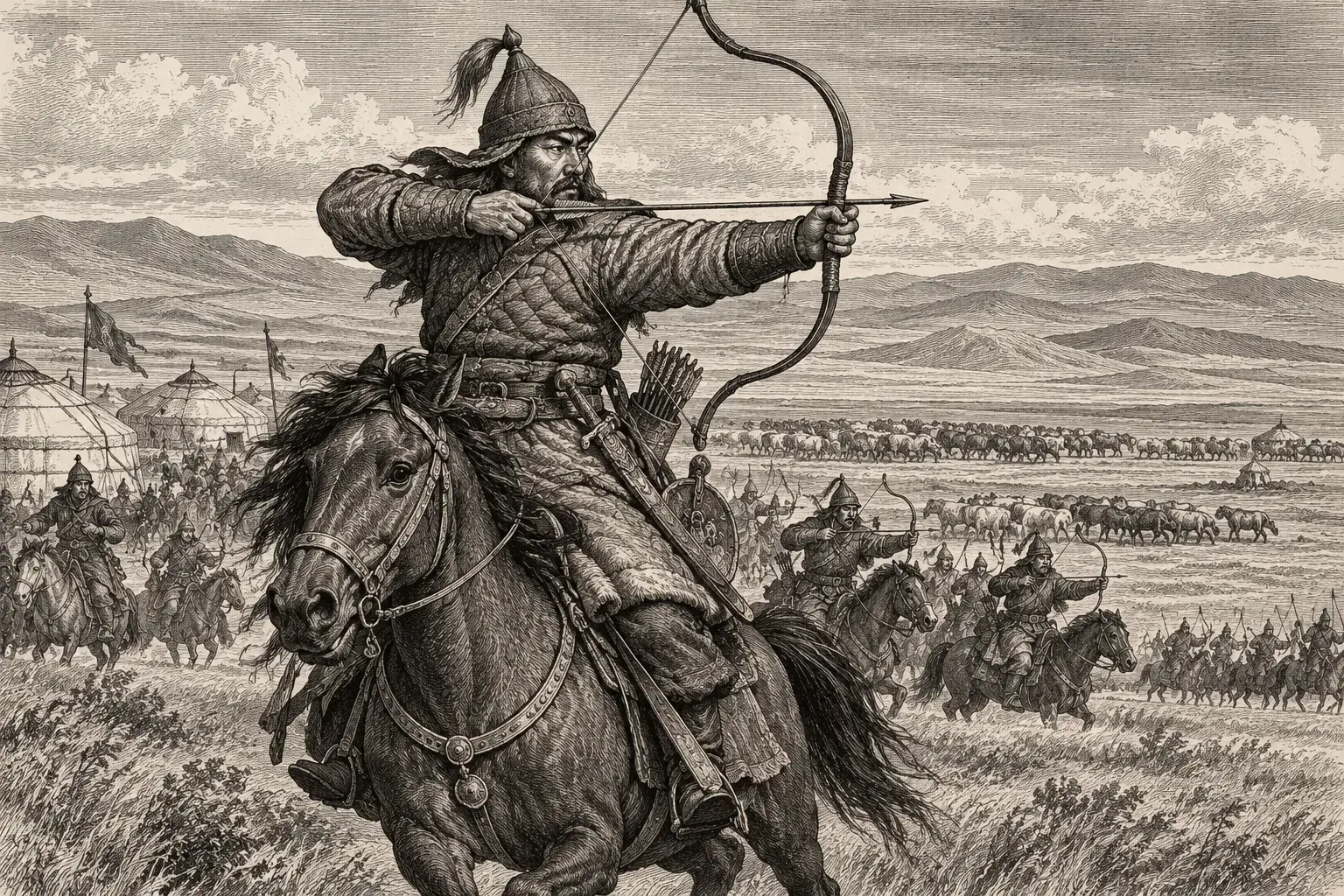 A mounted Xiongnu warrior drawing a composite bow on the open steppe